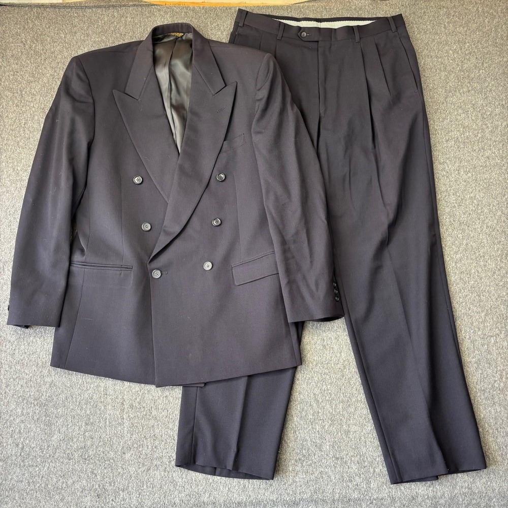 Pierre Cardin Mens Double Breasted Suit Navy Blue 42R 34X32 Peak Lapel Pleated